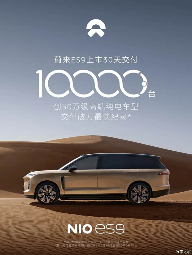 电池租用方案售39万起 蔚来ES9第10000台新车交付 历时30天达成